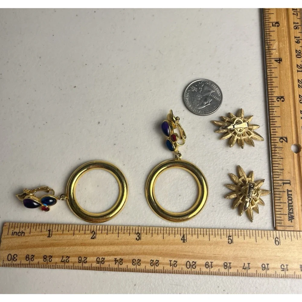 Trifari Clip On Earrings Lot Jelly Cabochon Door Knockers Starburst Gold Tone